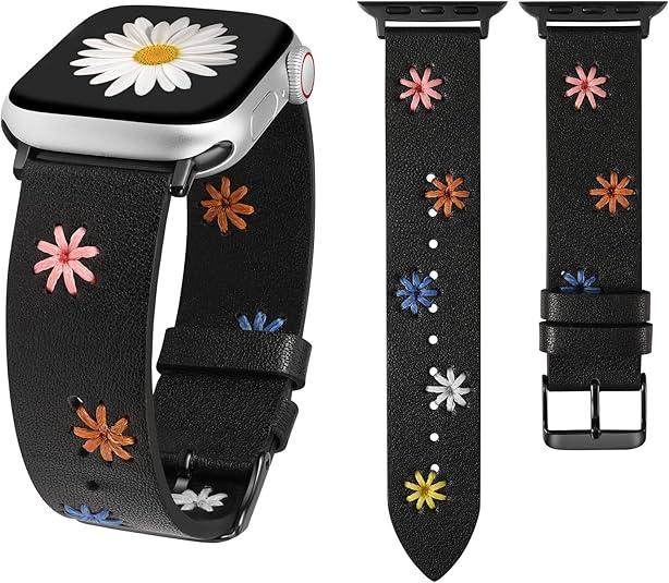 Wearlizer Floral Leather Band Compatible with Apple Watch Band Women 45/44/42/46/49mm(Ultra), Soft Leather Designer Dressy Strap with Daisy Stitch for iWatch Series 11/10/9/8/SE/7/6/5/4/3/2/1