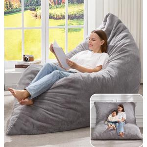 Hobestluk 3 in 1 Bean Bag Chair Giant Bean Bag Chairs for Adults with Chevron Plush Fur Cover Convertible Bean Bag Floor Cushion with Machine Washable Cover for Living Room (Plush Grey)
