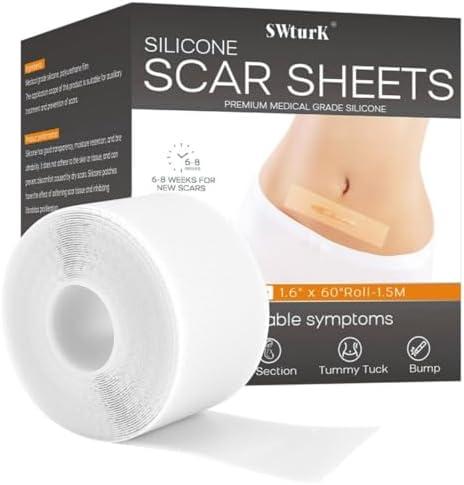 SWturK Silicone Scar Sheets,Silicone Scar Tape for Removal Treatment,Scar Removal Away(1.6" x 56" Roll - 1.43M) Keloid Bump Removal，1PC