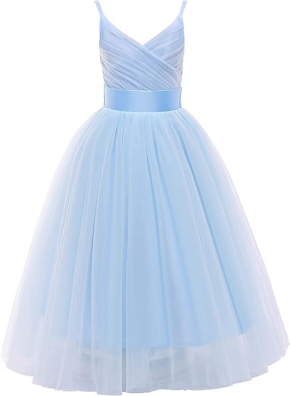 Glamulice Flower Girls Spaghetti Strap Tulle Dress Long A Line Wedding Pageant Dresses Princess Birthday Party Ball Gown 170 M Light Blue (Pale Blue)