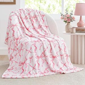 Pink Bow Throw Blanket 50"x60" Ultra Soft Flannel Coquette Aesthetic Blanket for Girls Women Preppy Room Decor for Bed Sofa Spring Wedding Mother's Day Graduation Back to School Gift