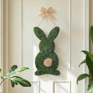 Easter Moss Bunny Wreath for Front Door Fake Moss Bunny Hanging Sign Wooden Swag with Burlap Bow for Spring Porch Wall Door Decor Indoor Outdoor Easter Decorations, 15.8 Inch