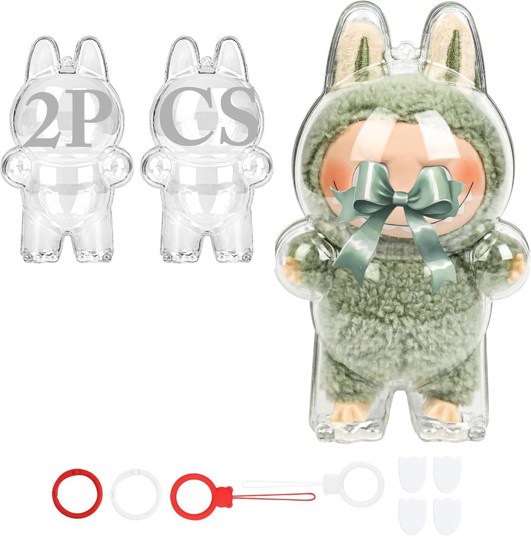 2 x [2-Pack] Clear Protective Cases Compatible with LABUBU Monsters Exciting-with Independent Hanging Kit & Dual Stabilization Tape