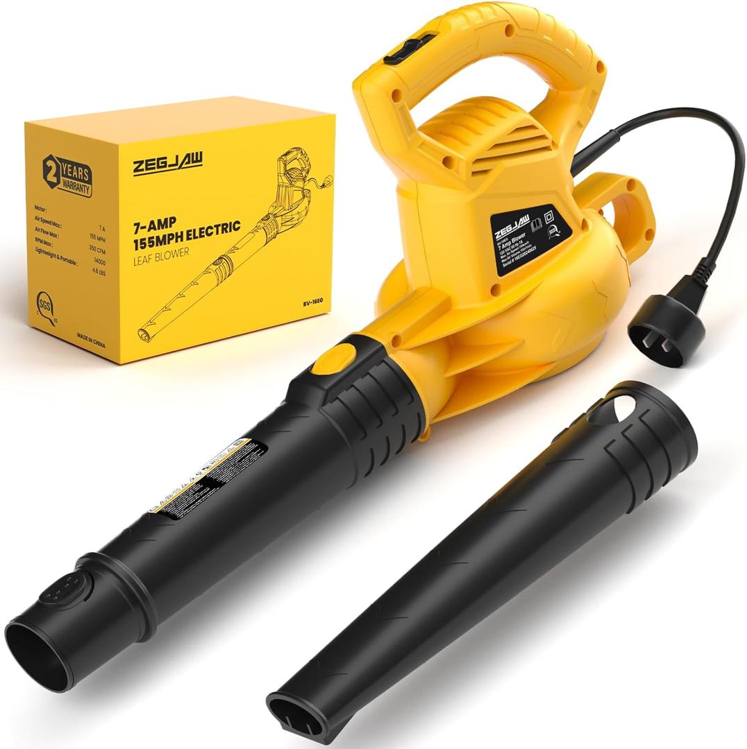 ZEGJAW Electric Leaf Blower Corded, 7-AMP Leaf Blowers, 155MPH/350CFM Small Handheld Lawn Blower Lightweight & Portable for Lawn Care