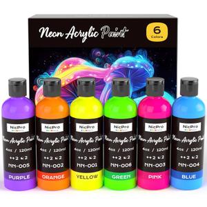 Nicpro 6 Colors Fluorescent Acrylic Paint Set (4 oz, 120 ml), Glow in the Black Light, Non-Toxic & Vibrant Neon Paint for Neon Party Decoration, DIY Project on Multi-Surface, Canvas, Rock, Wood, Craft