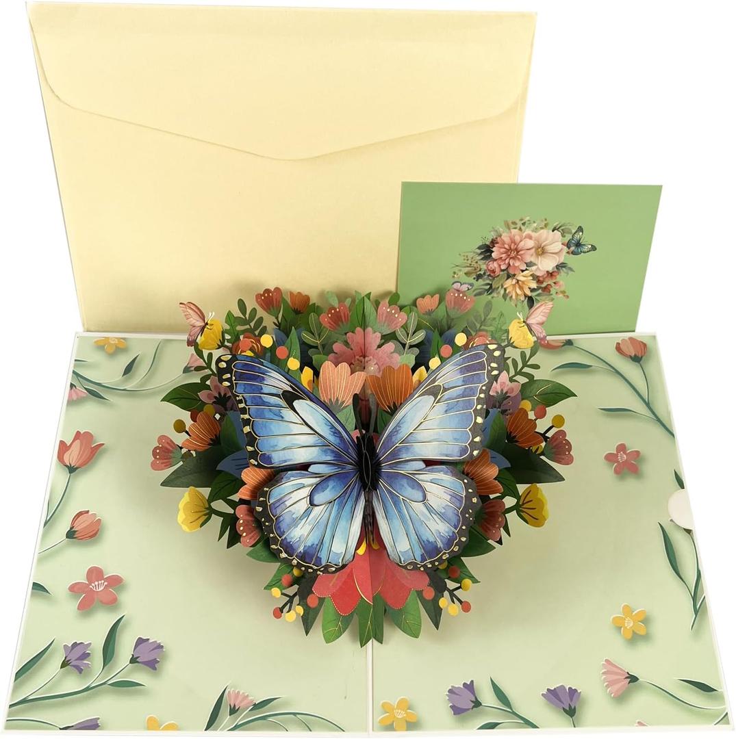 3 x Butterfly 3D Pop-Up Greeting Card  Elegant Floral Pop-Up Card for Wife Husband Girlfriend Boyfriend Mom Dad Mother Father Birthday Wedding Anniversary Thanksgiving Day Christmas Day (Green)
