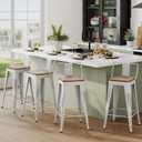 Andeworld Bar Stools Set of 4 Counter Height Stools Industrial Metal Barstools with Wooden Seats(24 Inch, Distressed White)