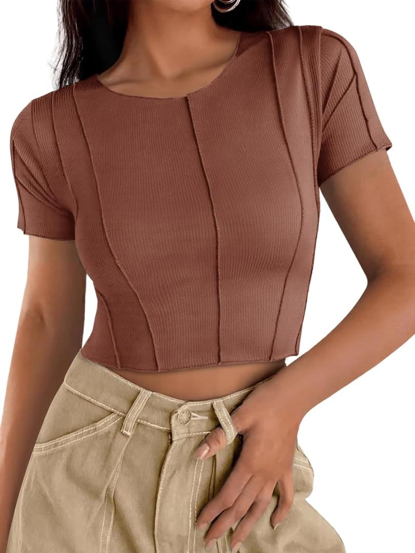 Cicy Bell Womens Short Sleeve Crop Tops Summer Fitted Ribbed Knit Tee Shirts Trendy Casual Y2k Going Out Shirts (Large, Brown)