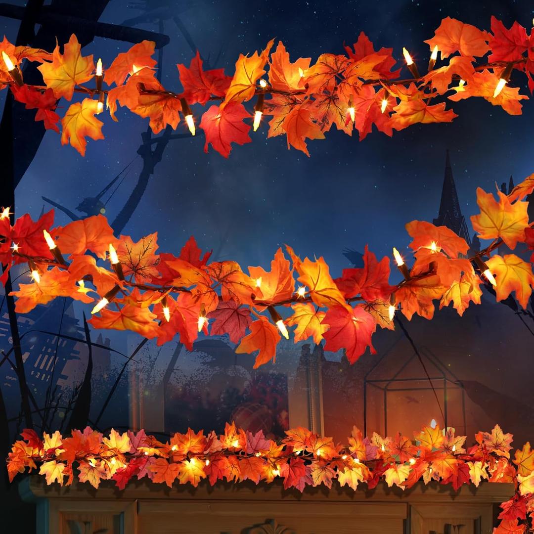 Thanksgiving Decorations Fall Maple Leaf String Lights 9FT Maple Leaves Lights 50 Orange Bulbs Lighted Fall Leaf Garland Lights Lighted Fall Garland Lights Halloween Fall Lights Indoor Outdoor