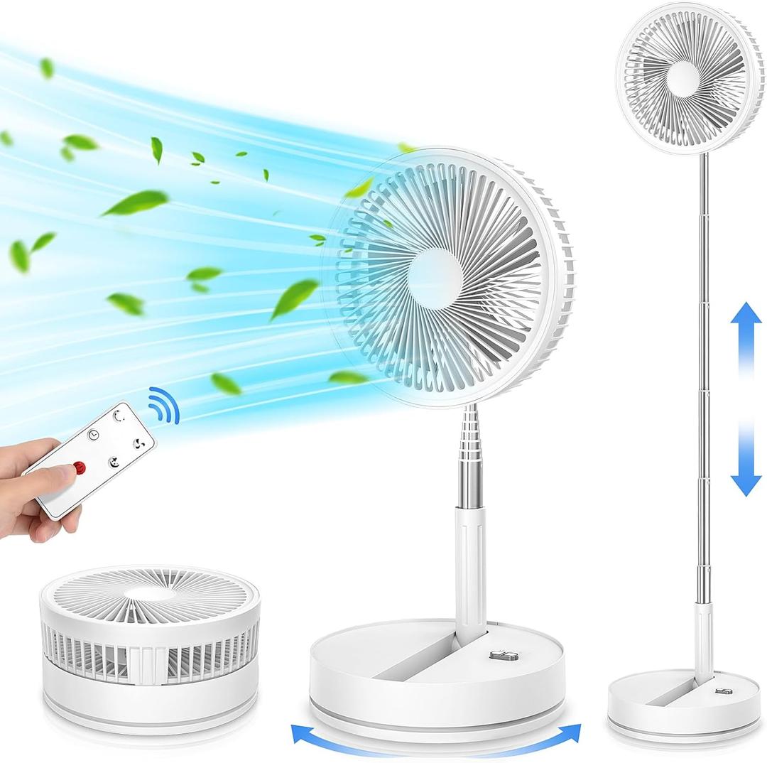 LIPETY 9" Portable Oscillating Standing Fan - 7200mAh Rechargeable Battery Foldable Desk Travel Camping Pedestal Fan, Stand Up Tall Floor Fan for Sleeping Bedroom Home (White)