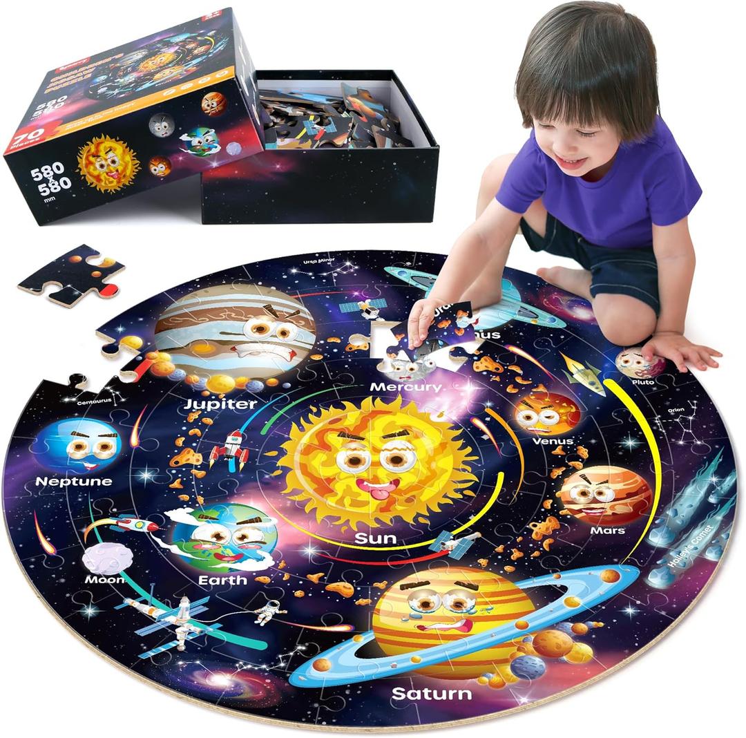 SYNARRY Solar System Floor Puzzles for Kids Ages 4-8, Large 70 Piece Jigsaw Puzzles for Kids Ages 4-6, Space Planet Astronaut Toys Puzzles, Easter Basket Stuffers Valentines Day Gifts for Kids Age 3-8
