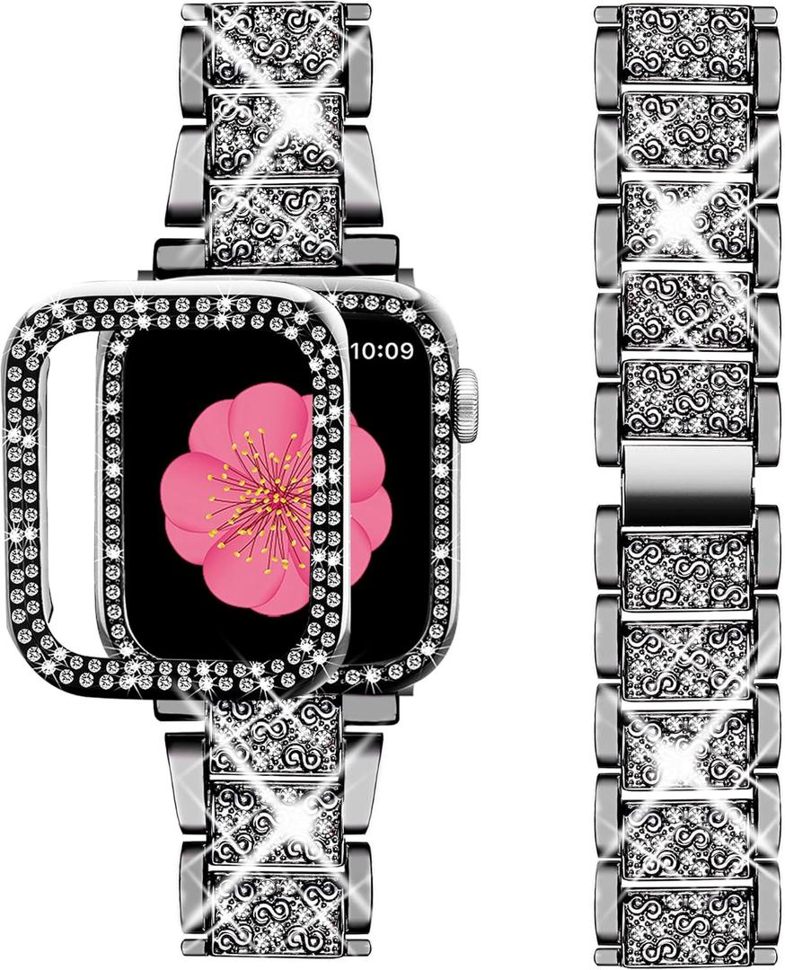 SUPOIX Compatible with Apple Watch Band 45mm + Case, Women Jewelry Bling Diamond Metal Bands & 2 Pack Protective Cover Cases for iWatch Series 9/8/7(Black)
