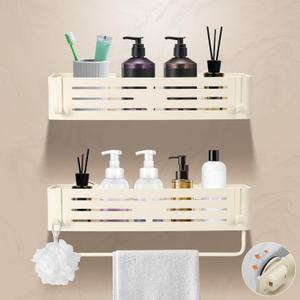 Lekesky Suction Cup Shower Caddy, No Drill Shower Shelves with a Towel Bar, Aluminum Rust Proof Bathroom Shower Organizer with 12 Hooks2-Pack, Cream