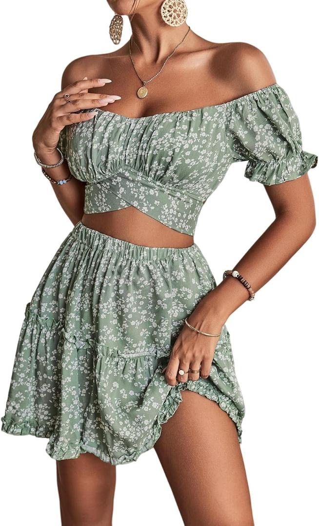 LYANER Women's 2 Piece Outfits Floral Off Shoulder Tie Up Crop Top and Mini Skirt Set (Medium, Green)