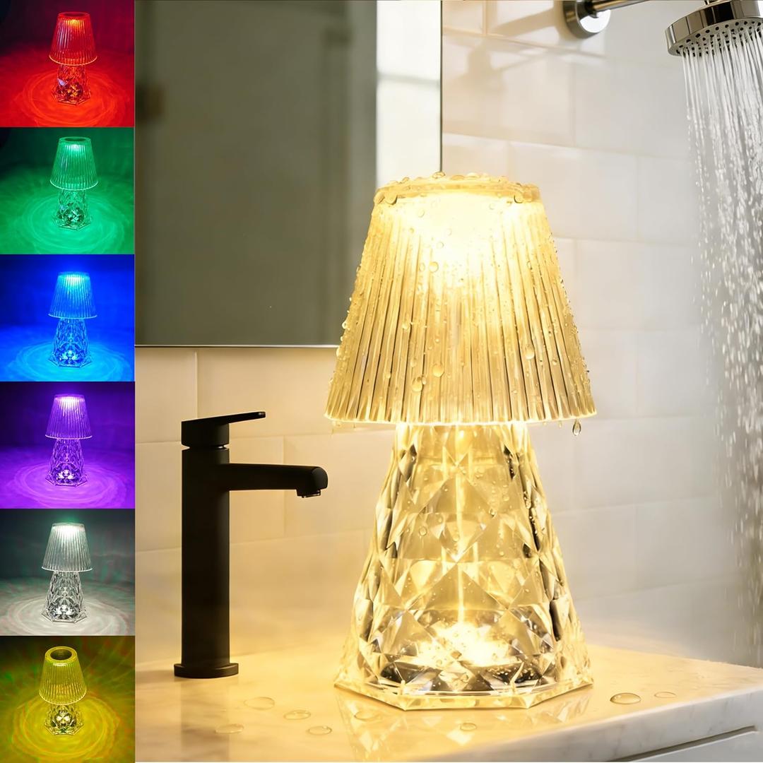 Waterproof Shower Lamp, Rechargeable Bathroom Lamp with RGB, Cordless Crystal Table Lamp, Dimmable Crystal Bedside Night Light for Bathroom Bedroom (White2)