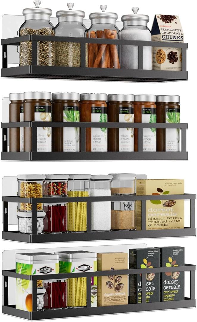 Spice Rack Wall Mounted, 4 Pack Pantry Door Organizer & Hanging Storage Baskets Organizer Wall Mount, Large Capacity Metal Spice Shelf for Kitchen Cabinet, Bathroom, Shower, Home Decor (Black)