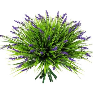 12 Bundles Artificial Grass Fake PlantsOutdoor Fake Monkey Tail Grass with Flowers for Pot UV Resistant Lavender Patio Garden Porch Home Window Hanging Planter Decor Faux Plastic Shrubs(Puper+Green)