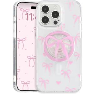 Magnetic Case for iPhone 15 Pro, 3D Pink Magnetic Stand Bowknot Phone Case, Cute Pink Clear Bow Aesthetic Design Soft Durable TPU Transparent Protective Cover for Women Girls-04