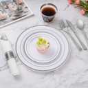 Goodluck 350 Piece Silver Plastic Dinnerware Set for 50 Guests, Fancy Disposable Plates for Party, Include: 50 Dinner Plates, 50 Dessert Plates, 50 Pre Rolled Napkins with Silver Silverware, 50 Cups