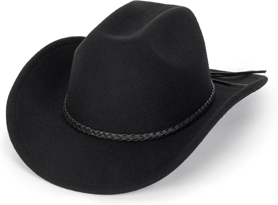 Western Cowboy Hat for Men Women Classic Roll Up Fedora Hat with Buckle Belt(Size:S-M) (Black With Rope Band)