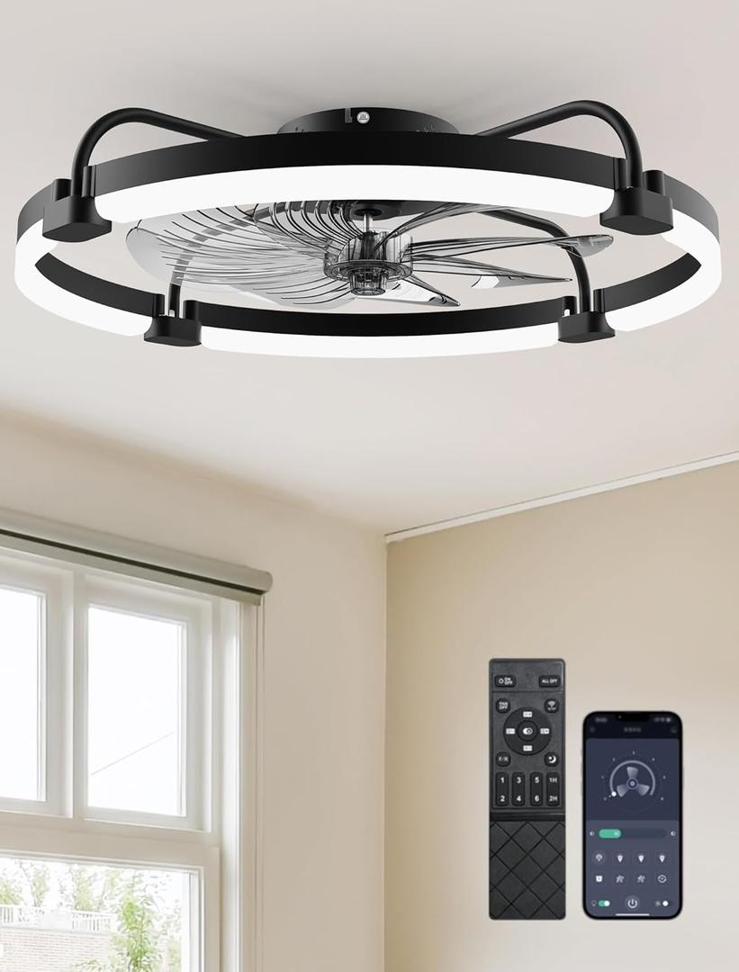 Ensenior Ceiling Fans with Lights and Remote, 24" Low Profile Ceiling Fan Flush Mount, APP Control, 6 Speed, 3CCT, Quiet Reversible DC Motor, Dimmable Modern Ceiling Fan with Light for Bedroom, Black
