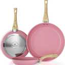 Frying Pan Nonstick Set, 8" & 9.5" & 11" Pink Egg Pan, Non Stick Fry Pan Set PFOA-Free Omelet Pan, Toxin-Free Skillets Stone Cookware, Anti-Warp Base with All Stove Tops ,Induction Compatible
