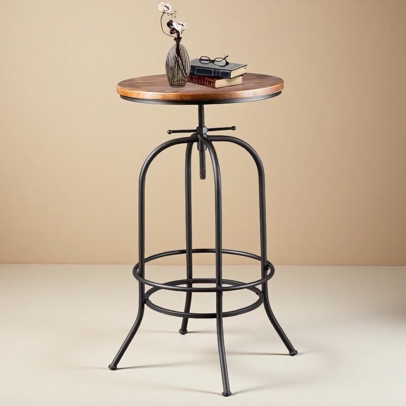 Industrial Bar Table Height Adjustable 37.4-45.3inch Vintage Swivel Pub Tables Solid Wood Top Metal Base with Footrest (Black)