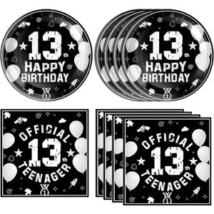 13th Birthday Party Supplies Black Themed 13th Disposable Tableware Decorations Plates Napkins Set for Kids Boys Teenager Favors