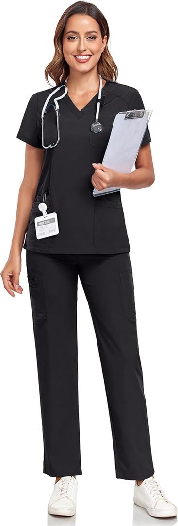 Scrubs for Women Sets, Stretch V-Neck Scrub Top & Cargo Pants with Multi Pockets, Anti-Wrinkle (X-Large, Black)