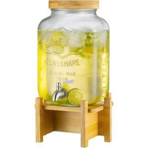 Drink Dispenser with Wood Stand and Lid,2 Gallon Glass Beverage Dispenser with Stainless Steel Spigot for Parties,Picnics,Barbecues,Lemonade,Sun tea Jar,ice coffee,Laundry Detergent Dispenser