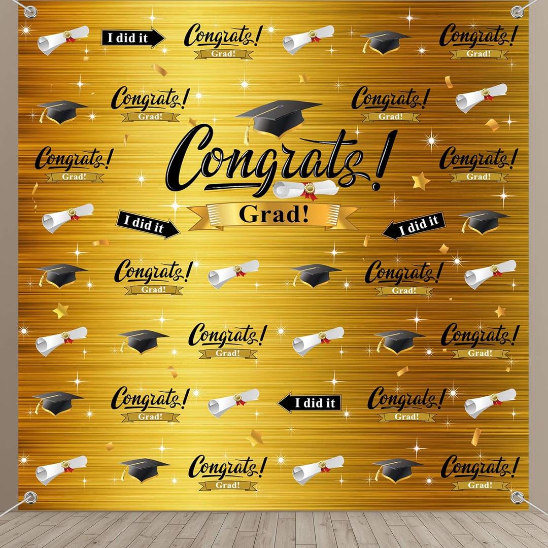 Sumind 2025 Graduation Photography Backdrop Graduation Party Decorations Fabric Congratulate Grad Backdrop Celebration Background Banner for Prom Party 70.9 x 70.9 Inch(Gold)