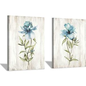 Flower Painting Canvas Wall Art: Blue Botanical Floral Artwork Wildflower Picture Print for Living Room (12'' x 16'' x 2 Panels)