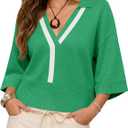 Saodimallsu Womens Short Sleeve Sweater Tops V Neck Collared Oversized Color Block Casual Summer Knit Polo Shirts