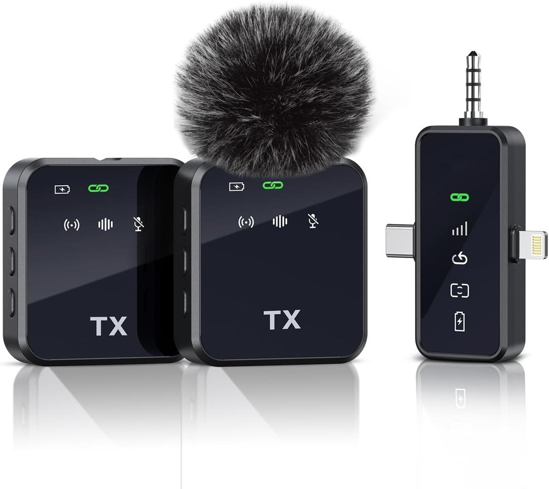 PQRQP 3 in 1 Mini Microphone for iPhone, Android, Camera | 328ft Range & 18H Battery | AI Noise Reduction,48kHz/24-bit, Wireless Microphones, Lapel Mic for Vlog, TikTok, Podcast (Suede Black)