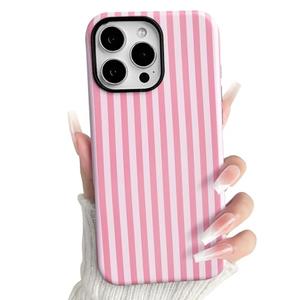 NITITOP Compatible with iPhone 16 Pro Case Matte Cute Vertical Stripes for Women Girls Men Boy Striped Pattern Hybrid 2 Layers Back Shockproof Protective Cover - Pink