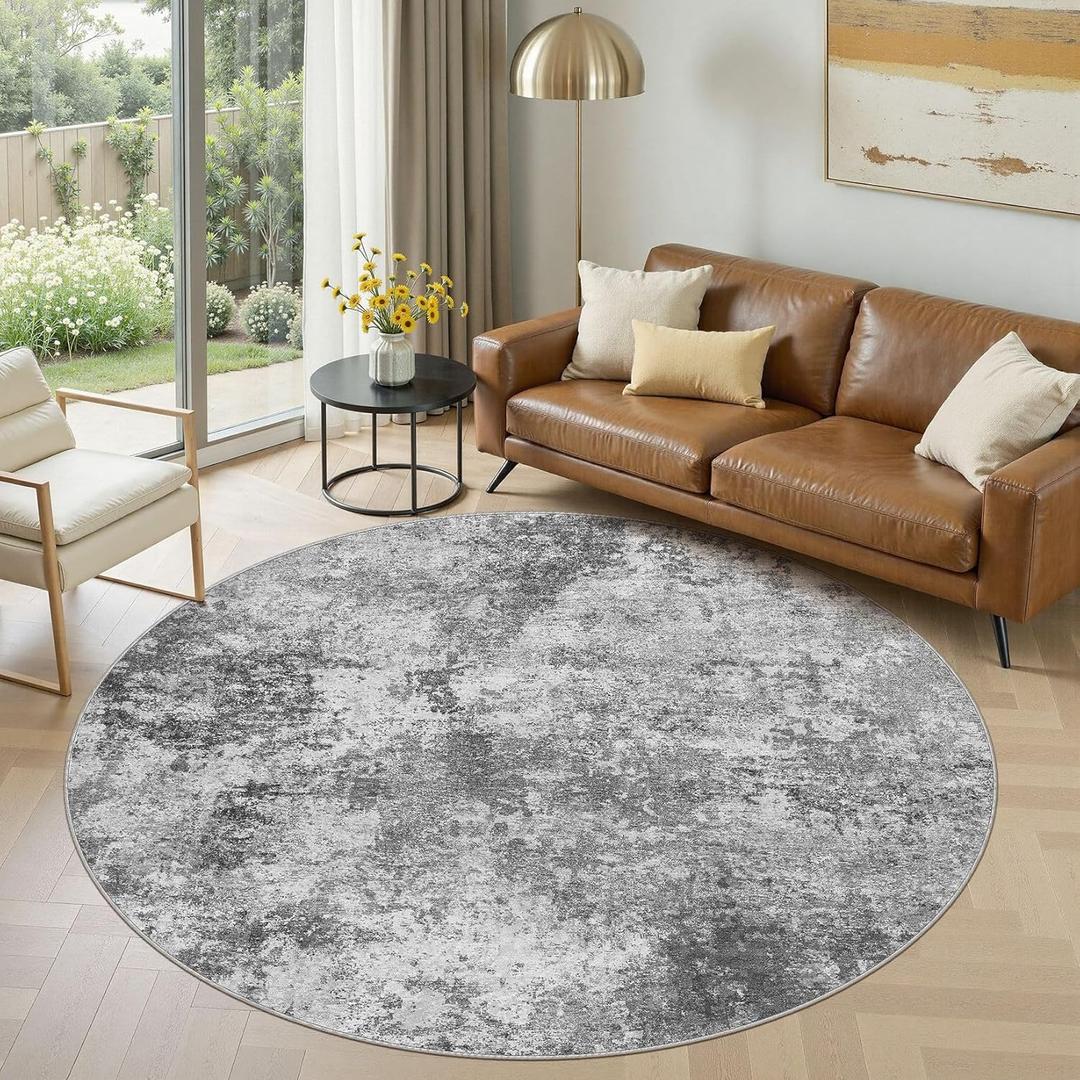 Nakagishi 6ft Round Rug for Living Room:6x6 Washable Modern Abstract Area Rug with Non-Slip Silicone Backing,Low Pile Soft Carpet for Bedroom & Dining Decor, Ideal for Kids-Grey