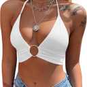 Mizoci Women's Sexy Summer Sleeveless Halter Deep V Neck Crop Top Tie Up Backless Cami (Large, White)