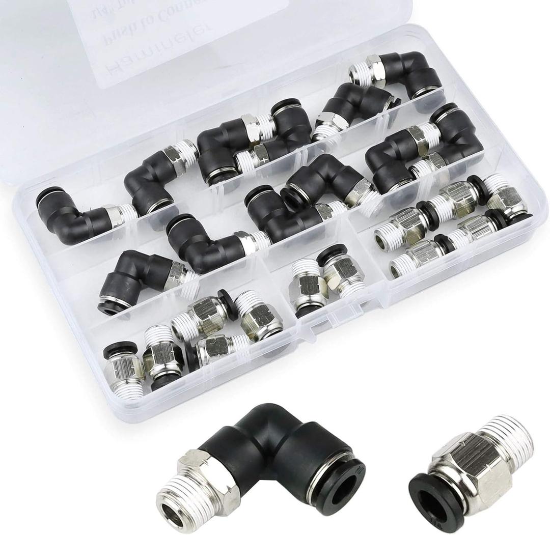 24 PCS Pneumatic Straight Plastic Connectors, 1/8inch NPT Thread 1/4inch Tube OD Pneumatic Elbow and Straight Combination Connect Fittings