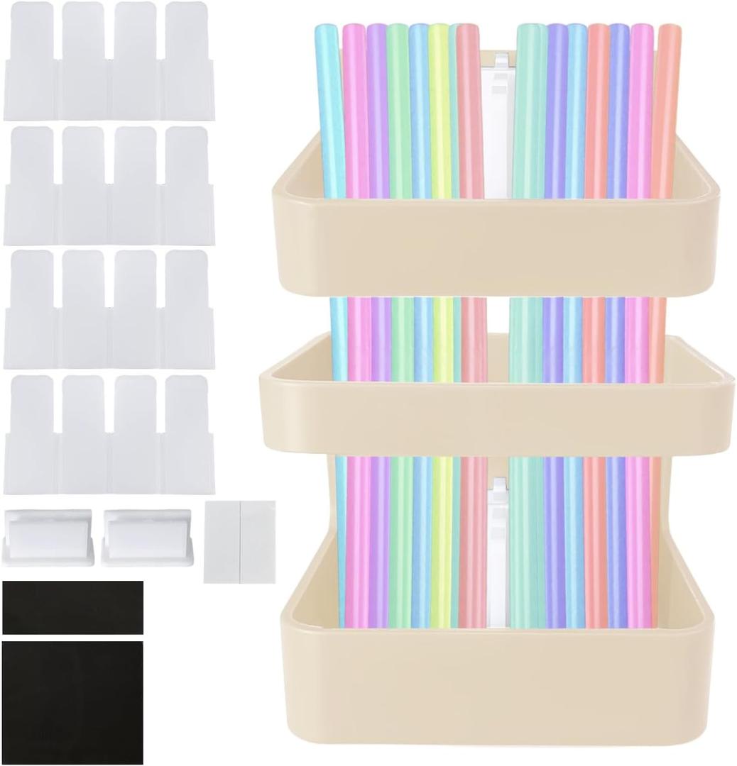 3 x Straw Holder for Cabinet Door, Adjustable 2-Part Organizer with Dividers and Adhesive Tape, Straw Storage for Kitchen Cupboard (1Pack-Yellow)