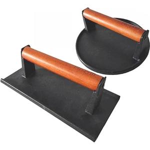 Firsgrill Cast Iron Grill Presses with Wood Handle (Round & Rectangle w Flat Bottom)