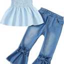Kucnuzki Toddler Kids Girls Clothes Short Sleeve Shirt Top Flare Denim Jeans 2 Piece Outfits For Girls Cute Clothing Set (6-7 Years)