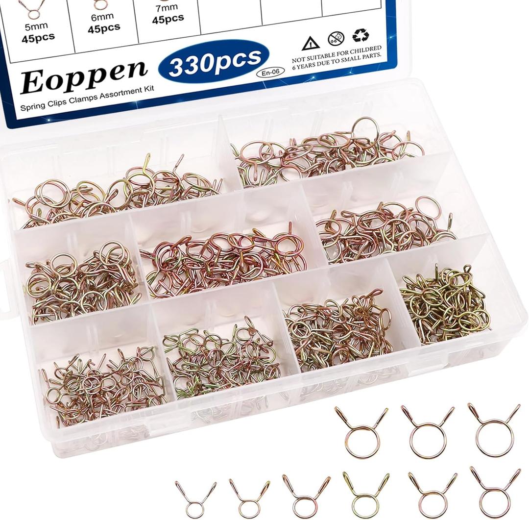 330pcs 5-13mm Spring Hose Clamps Small Hose Clamps Fuel Line Hose Water Pipe Air Tubing Spring Clips Clamps Assortment Kit (9 Sizes)