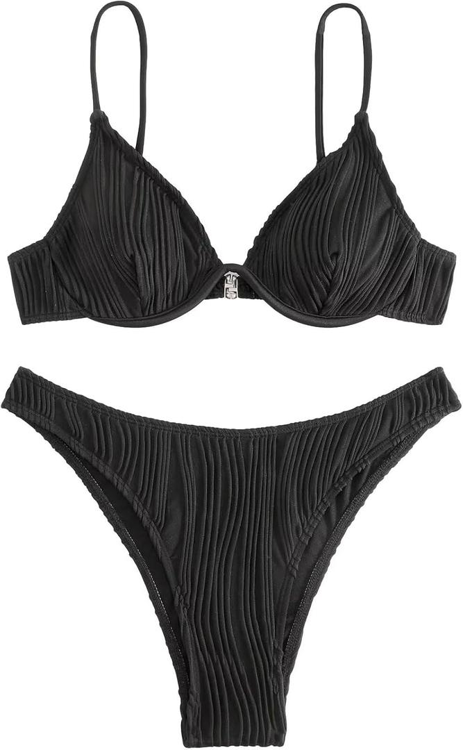 Women's Textured Cute Bathing Suit High Waisted Summer Swimsuit Bikini Set (Black) M
