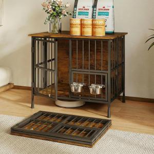Hadulcet 27'' Foldable Dog Crate Furniture, Small Dog Kennel with 2 Bowls