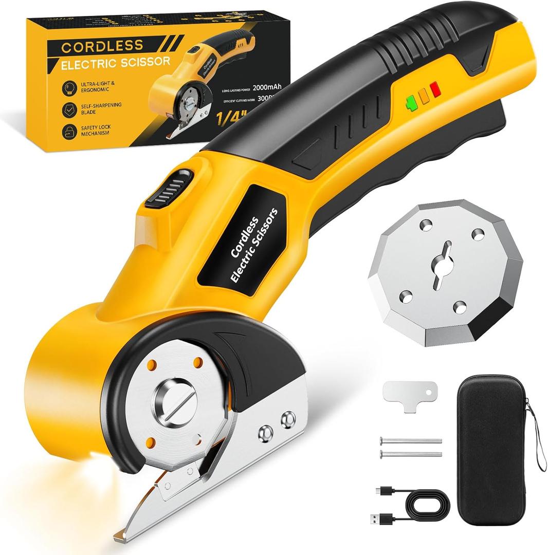 Cordless Electric Scissors,3000mAh Cardboard Cutter Rechargeable,Electric Box Cutters with 2 Blade, 4V Upgrade Motor,Safety Lock & LED Light, Powerful Cutting Tool for Paper,Carpet