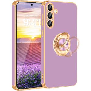 Fingic for Galaxy S25 Case[with 360 Rotatable Ring Holder][Support Magnetic Car Mount] Shiny Plating Gold Slim Thin Soft TPU Rugged Bumper Anti-Scratch Case for Galaxy S25 for Girls,Lavender Purple