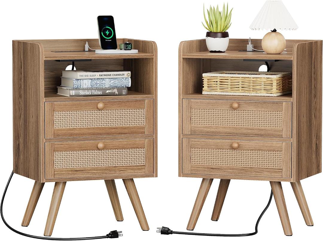 SUPERJARE 2 Drawer Night Stand with Charger Station, Boho Rattan Nightstand Set of 2, 25.2 Inch Tall Bed Side Table with Solid Wood Feet, End Table, Open Storage, Synthetic Rattan, Walnut, 11.8"D x 15.8"W x 25.2"H