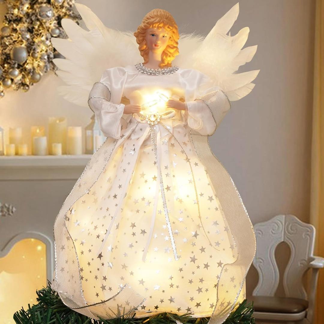 Christmas Angel Tree Topper with Lights, 8 Modes & Timer, Battery Operated, 13.46 x 8.78 x 2.34 inches, Angel With 2 Bulbs