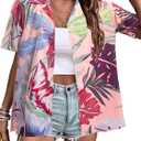 Women Hawaii Shirts: Soft Cool Floral Tropic Print V Neck Summer Tops Short Sleeve Button Up Tops T-Shirt (XL)