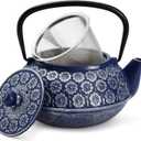 Japanese Cast Iron Teapot with Infuser for Loose Leaf and Tea Bags, Kettle Includes Handle and Removable Lid (Blue, 34oz)